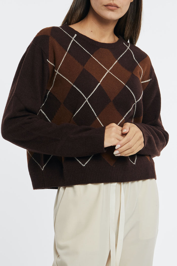 SEMICOUTURE Diamond Intarsia Round Neck Sweater in Wool/Polyamide Chocolate/Caramel-2