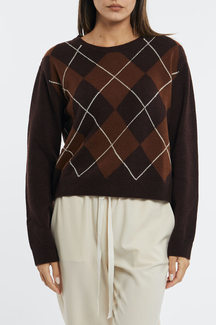 SEMICOUTURE Diamond Intarsia Round Neck Sweater in Wool/Polyamide Chocolate/Caramel