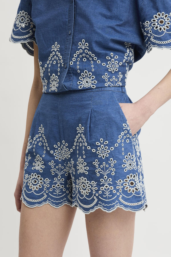 Shorts Amani in cotone chambray con ricamo