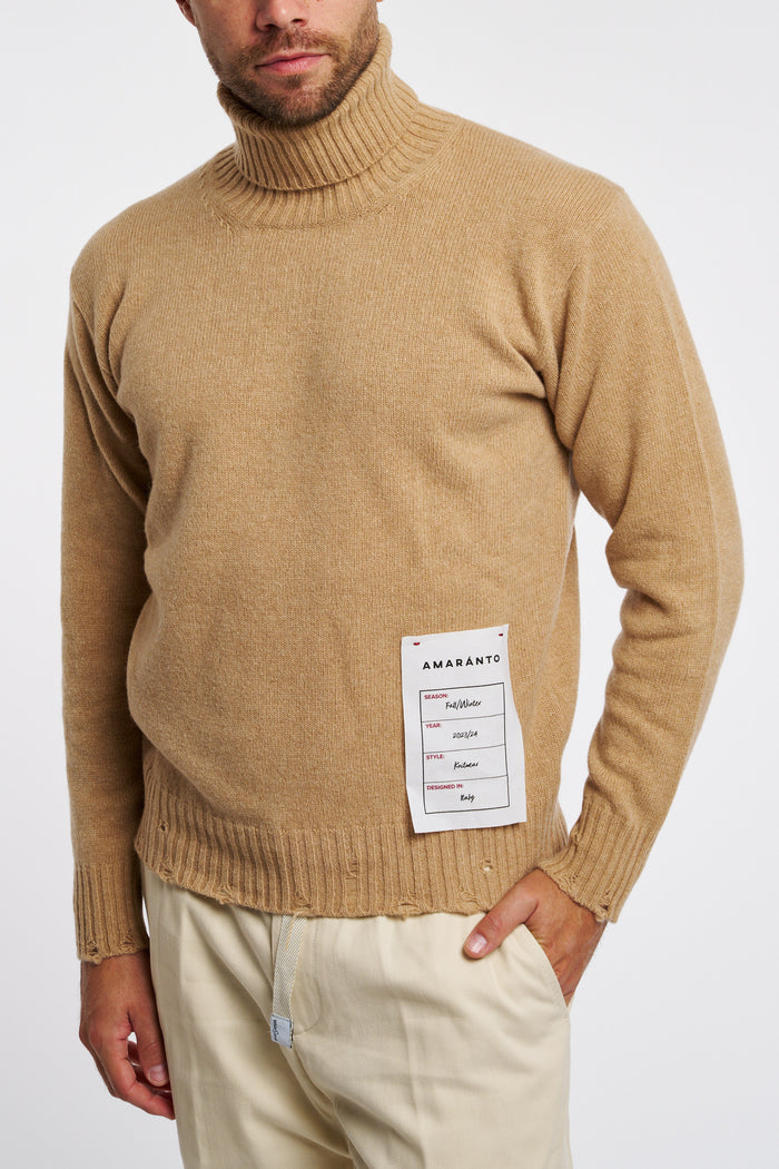 Amaranth High Neck Sweater with Distressing in Hazelnut Wool/Cashmere