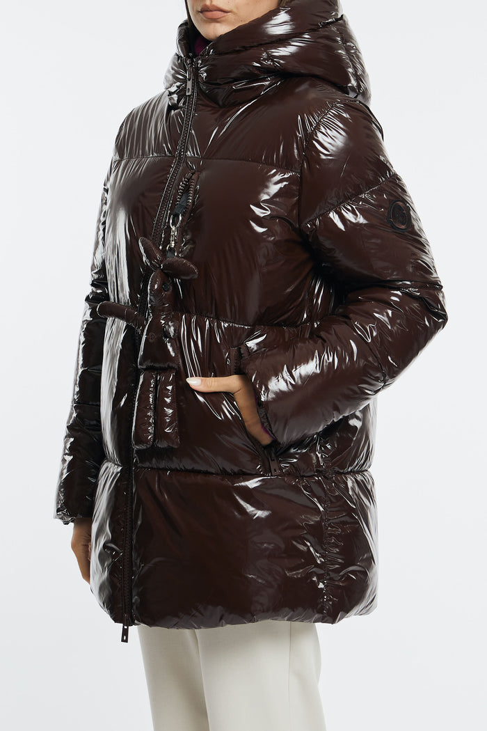 Otto d'Ame Shiny Effect Midi Puffer Jacket with Wide Collar in Mocha Fuchsia