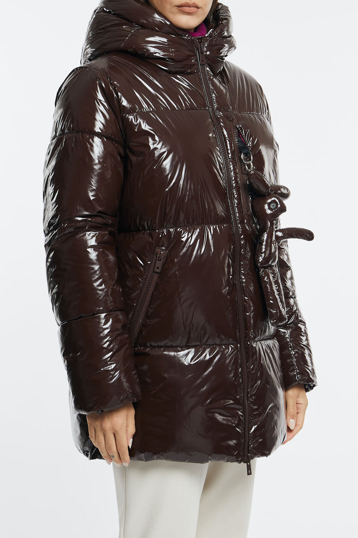 Otto d'Ame Shiny Effect Midi Puffer Jacket with Wide Collar in Mocha Fuchsia-2