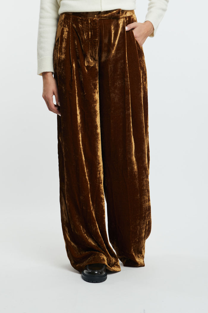 SEMICOUTURE Wide-Legged Velvet Pants in Hazelnut