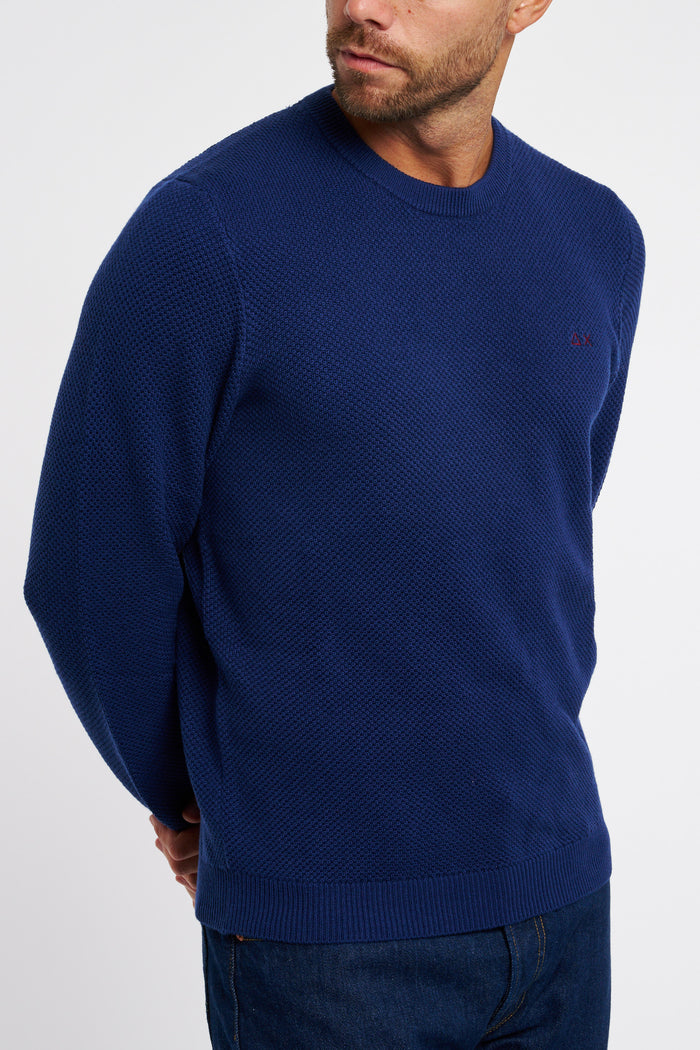 SUN 68 Crew Neck Sweater in Rice Stitch Wool/Cotton Deep Blue-2